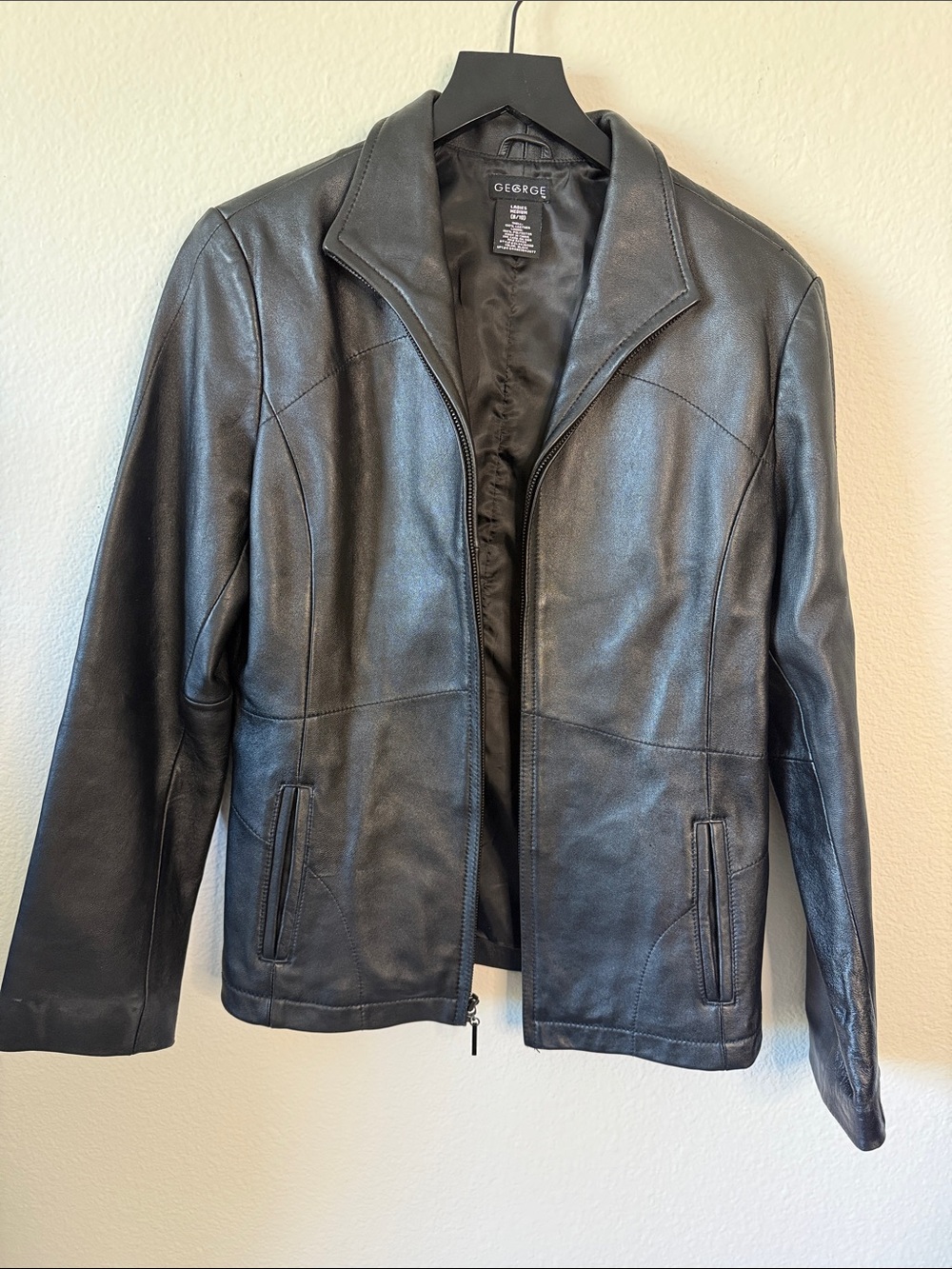 George Black Leather Zip-Up Bomber Jacket